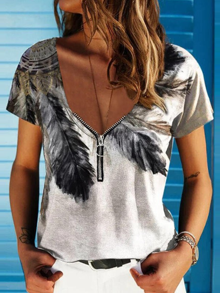 V neck Regular Fit Feather Vacation Zipper Short Sleeve T-shirt, Multicolor, T-Shirts
V neck Regular Fit Feather Vacation Zipper Short Sleeve T-shirt, Multicolor, T-Shirts