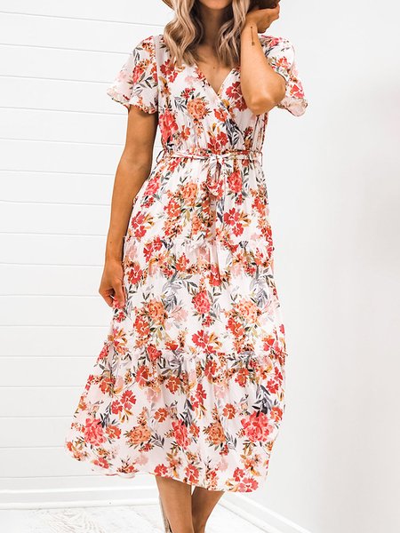 Casual Floral Printed V Neck Short Sleeve Woven Midi Short sleeve Woven Dress, White, Dresses
Casual Floral Printed V Neck Short Sleeve Woven Midi Short sleeve Woven Dress, White, Dresses