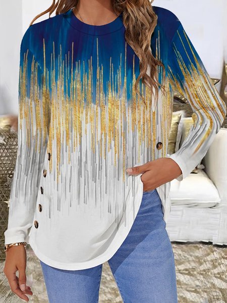 Casual Buttoned Ombre Long Sleeve T-shirt, Multicolor, Tops