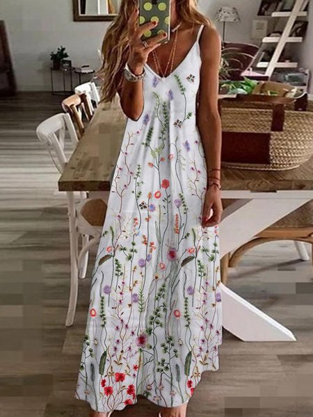 Daily beach holiday floral print a-hem loose long dress Daily beach holiday floral print a-hem loose long dress, White, Dresses