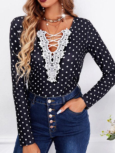 Regular Fit Casual Polka Dots Long Sleeve Tops, Black, Long sleeve tops