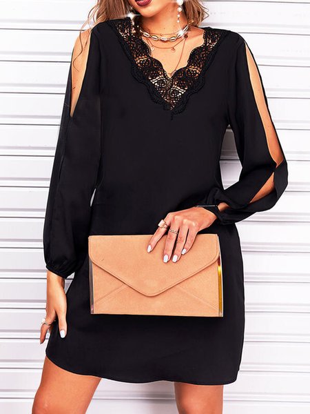 Loosen V Neck Long Sleeve Woven Dress, Black, Dresses