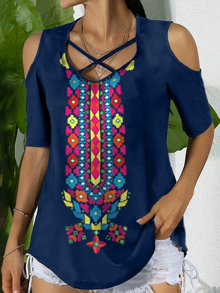 Loosen Crew Neck tribal short sleeve Short Sleeve T-shirt, Blue, Tees & T-shirts
