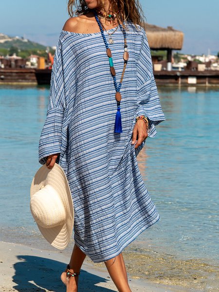 Flare Sleeve Striped Loosen Casual Long Sleeve Woven Dress, Blue, Midi Dresses
Flare Sleeve Striped Loosen Casual Long Sleeve Woven Dress, Blue, Midi Dresses