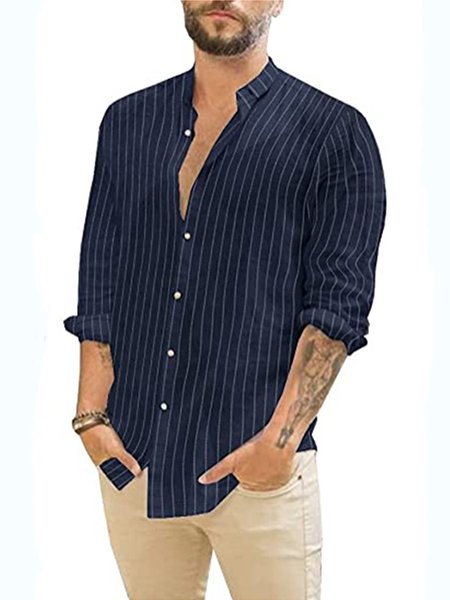 European And American Men's Striped Cardigan Linen Casual Stand-up Collar Long-sleeved Shirt, Purplish blue, Long Sleeve Basic Shirts
European And American Men's Striped Cardigan Linen Casual Stand-up Collar Long-sleeved Shirt, Purplish blue, Long Sleeve Basic Shirts