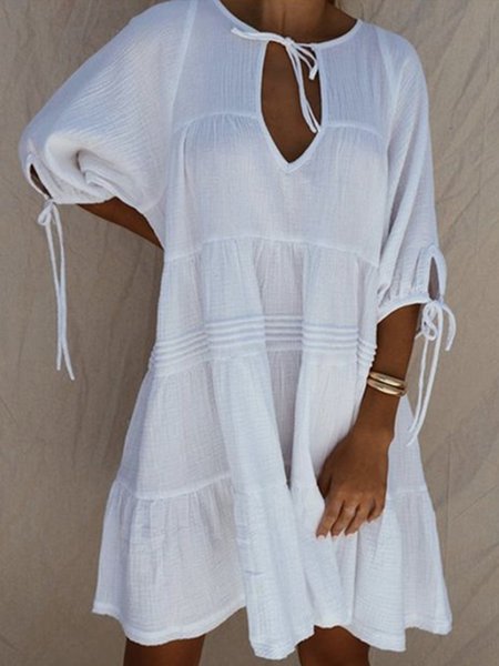 White Causal Solid Short Sleeve Dress, Mini Dresses