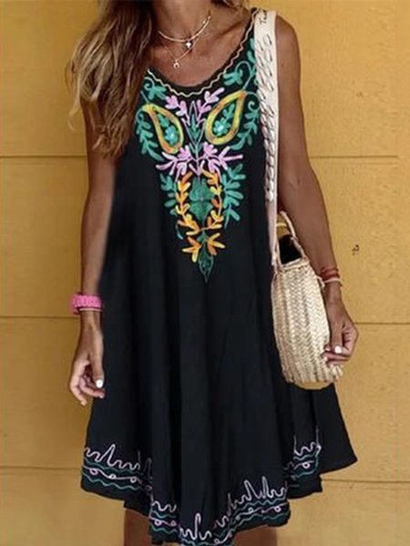 Boho V Neck Tribal Loosen Short Sleeve Printed Dress, Black, Mini Dresses
