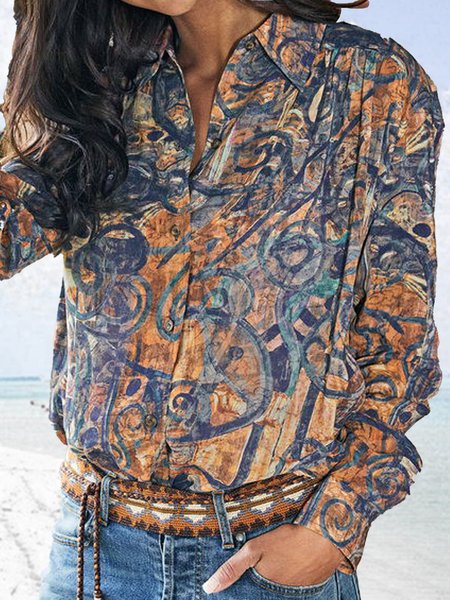 Geometric Casual Loosen Long Sleeve Blouse, Multicolor, Blouses & Shirts