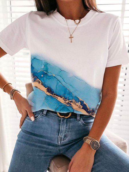 Casual Cotton Blends Short Sleeve T-Shirt, White, T-Shirts