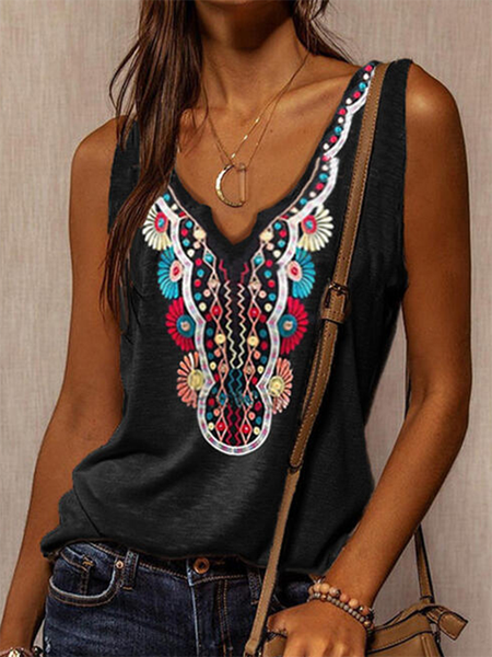 Floral V neck Casual Knit Tank, Black, Tank Top