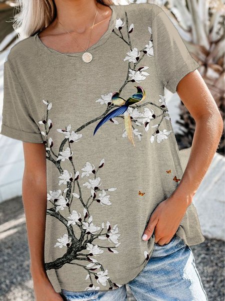JFN Round Neck Floral Casual T-Shirt/Tee, Khaki, T-Shirts
