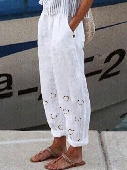 JFN Heart Linen Pocketed Casual Pants, White, Pants
