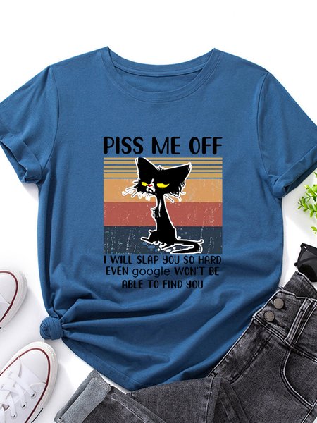 Piss Me Off Cat Print Casual T-Shirt, Royal blue, T-shirts