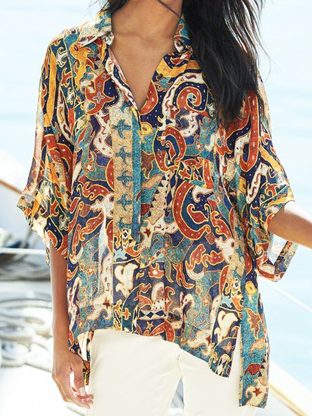 Casual Buttoned Loosen Mid Sleeve Blouse, Multicolor, Blouses & Shirts