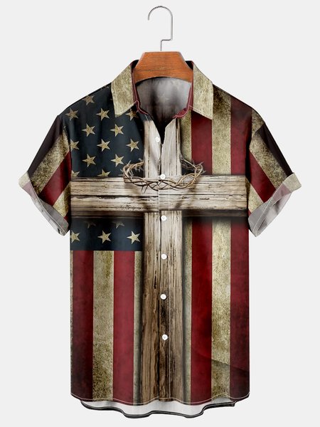 Mens Flag Print Casual Breathable Short Sleeve Shirt, As picture, Men's Floral shirt