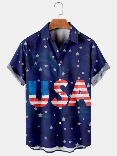 Mens USA American Flag Print Casual Breathable Short Sleeve Aloha Shirts, Blue, Men's Floral shirt