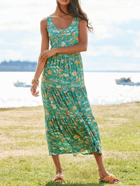 Vacation Crew Neck Short Sleeve Woven Dress, Green, Midi Dresses