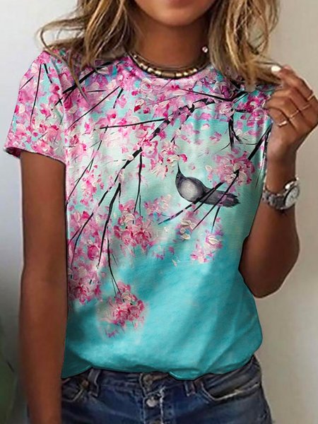 Floral Loosen Short Sleeve T-Shirt, Blue, T-Shirts