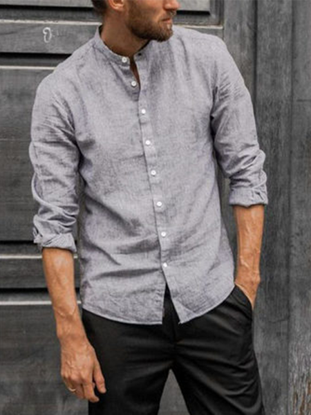 Cotton Linen Style American Casual Basic Versatile Linen Shirt, Gray, Long Sleeve Basic Shirts