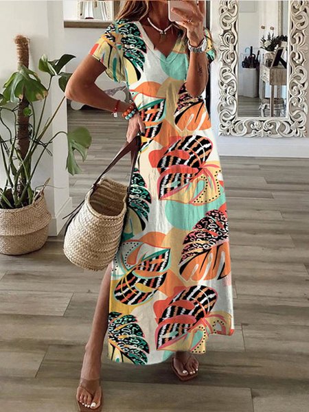Plants Regular Fit Casual Short Sleeve Knit Dress, Flower, Maxi Dresses