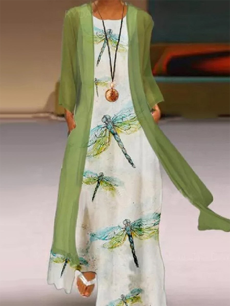 Two Piece Casual Dragonfly Long Sleeve Woven Dress, Green, Maxi Dresses