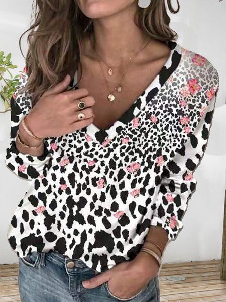 Casual Floral Loosen Long Sleeve Tops, Black-white, Tops