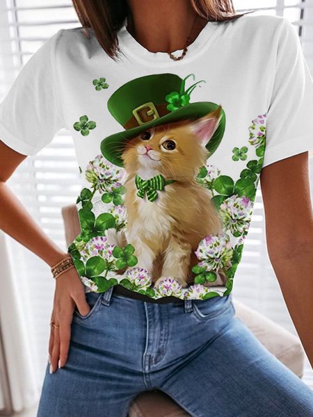 Green Shamrock Cat Print Short Sleeve Crew Neck Plus Size Casual Tops, White, T-Shirts
Green Shamrock Cat Print Short Sleeve Crew Neck Plus Size Casual Tops, White, T-Shirts