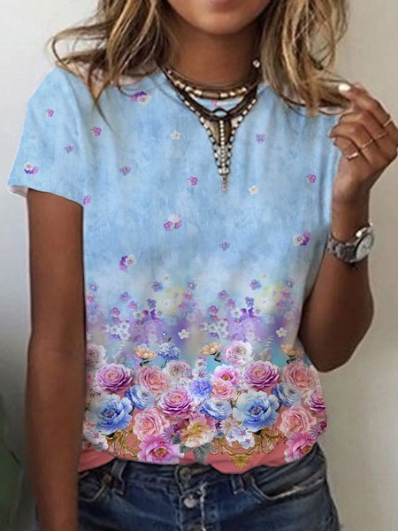 Romantic Floral Printed Round Neck Casual Short Sleeve Loosen T-Shirt, Blue, T-Shirts
Romantic Floral Printed Round Neck Casual Short Sleeve Loosen T-Shirt, Blue, T-Shirts