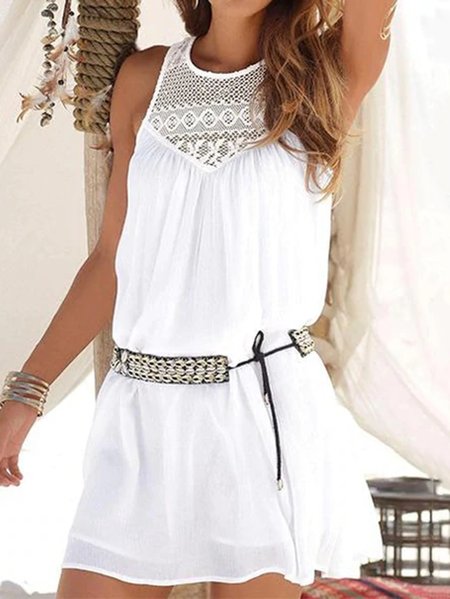 Loosen Crew Neck Short Sleeve Woven Dress, White, Mini Dresses
