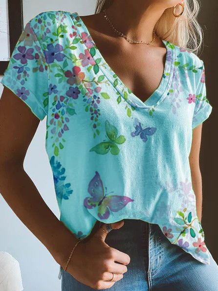 Cotton Blends V Neck Casual Short Sleeve Floral Butterfly T-Shirt, Blue, T-Shirts
Cotton Blends V Neck Casual Short Sleeve Floral Butterfly T-Shirt, Blue, T-Shirts