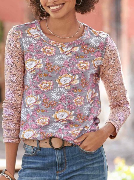 Crew Neck Loosen Floral Long Sleeve Tops, Pink, Tops