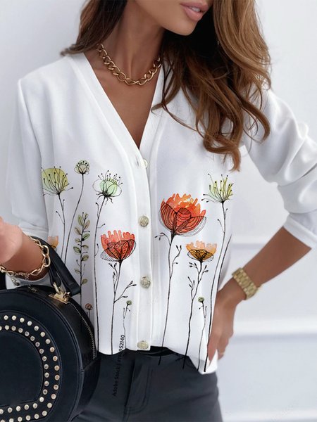 Floral Vacation V Neck Long Sleeve Blouse, White, Shirts & Blouses