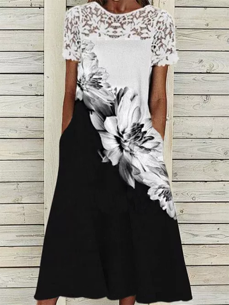 Floral Casual Crew Neck Short Sleeve Woven Dress, White, Midi Dresses