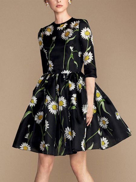 Floral Vacation Regular Fit Mini Dress, Black, Midi Dresses
