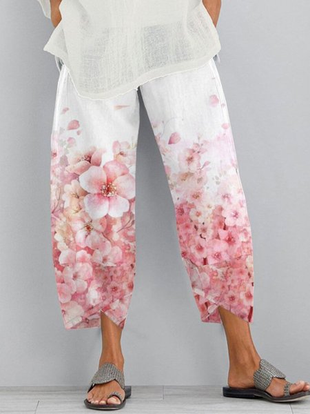 Floral Printed Pocket Elastic Waist Loosen Pants, White, Pants