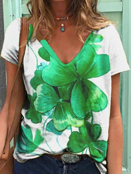 Casual Floral Short Sleeve V Neck Plus Size Printed Tops T-shirts, Green, T-Shirts