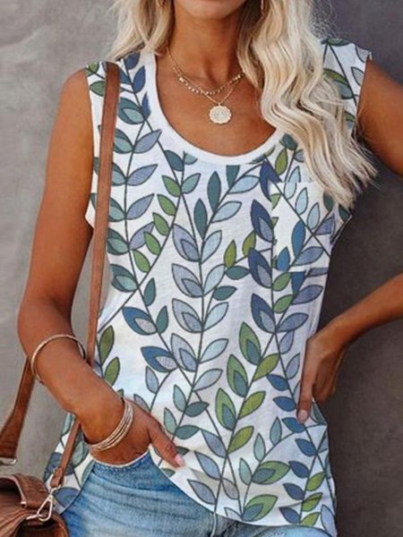 Casual Leaves Sleeveless Round Neck Plus Size Printed Tank Top Vests, Blue, Tank Top
Casual Leaves Sleeveless Round Neck Plus Size Printed Tank Top Vests, Blue, Tank Top