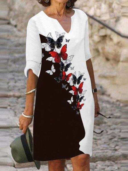 Casual V neck Loosen Butterfly Long Sleeve Dress, As picture, Mini Dresses