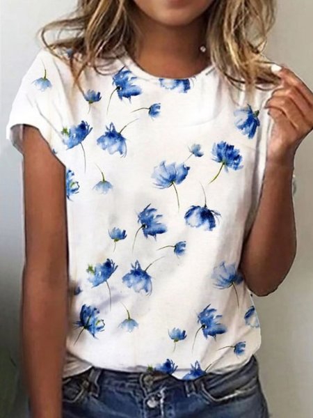 Casual Floral Short Sleeve Round Neck Plus Size Printed Tops T-shirts, Blue, T-Shirts
Casual Floral Short Sleeve Round Neck Plus Size Printed Tops T-shirts, Blue, T-Shirts