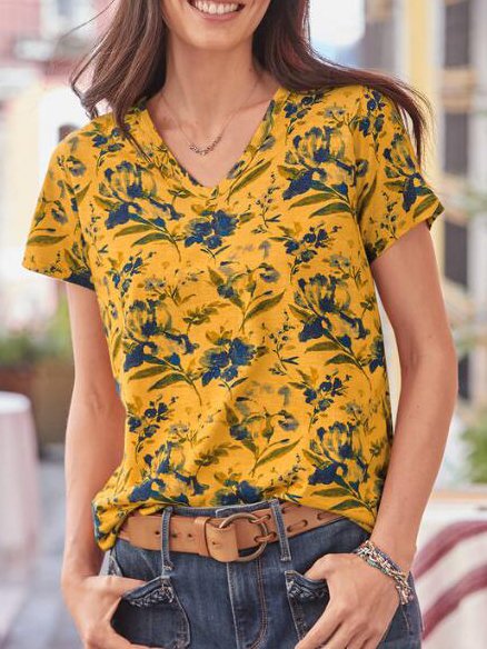Casual V Neck Regular Fit Short Sleeve T-Shirt, Yellow, T-Shirts