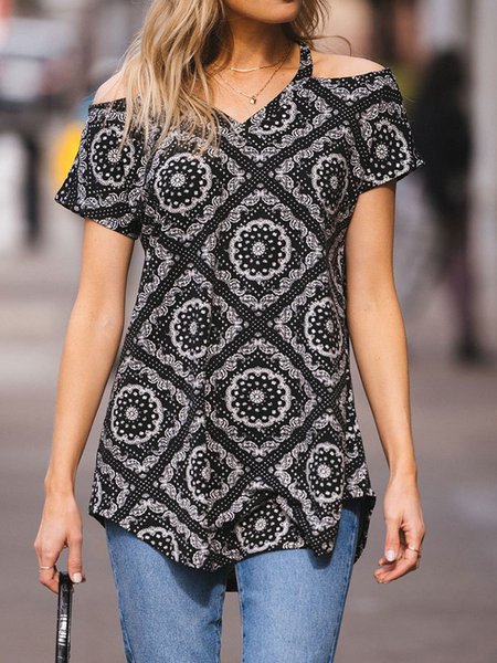 V Neck Casual Tribal Printed Off Shoulder T-Shirt, Black, Tunics