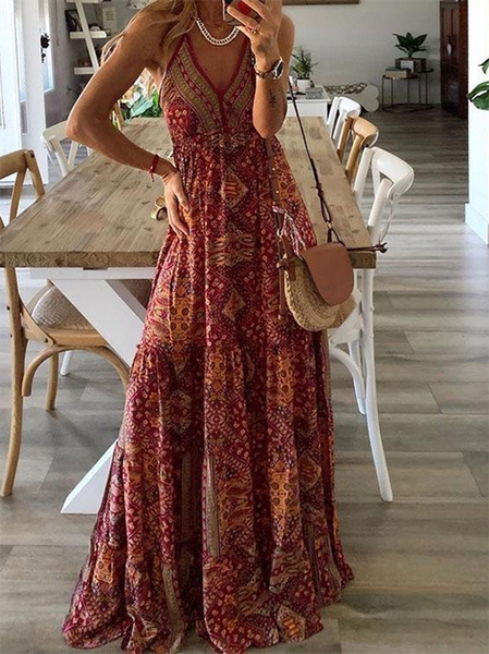 Tribal Casual Short Sleeve Woven Dress, Red, Maxi Dresses