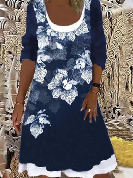 Vacation Floral Color Block Loosen Scoop Neckline Long Sleeve Midi Knit Dress, Flower, Mini Dresses