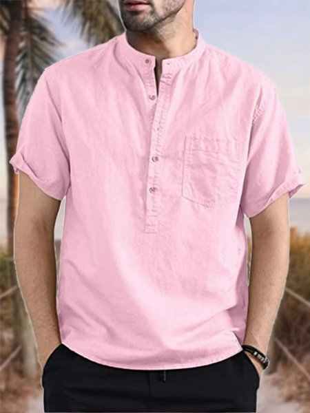 Men's Cotton Linen Style Half Placket Stand Collar Short Sleeve Shirt, Pink, Shirt
Men's Cotton Linen Style Half Placket Stand Collar Short Sleeve Shirt, Pink, Shirt