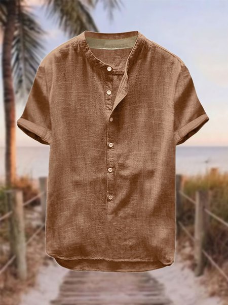 Men's Cotton Linen Style Half Placket Stand Collar Short Sleeve Shirt, Khaki, Shirt
Men's Cotton Linen Style Half Placket Stand Collar Short Sleeve Shirt, Khaki, Shirt