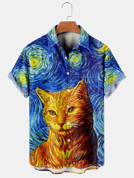 

Mens Van Gogh The Starry Night with Cats Lapel Loose Short Sleeve Funky Hawaiian Shirts, Blue, Shirts ＆ Blouse