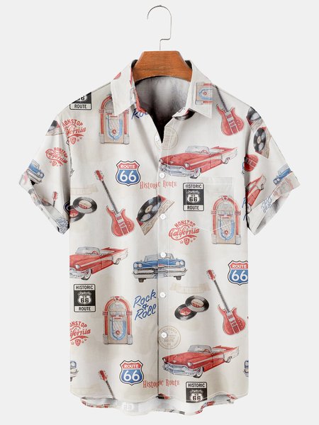 Mens Music Guitar Route 66 Casual Breathable Chest Pocket Short Sleeve Hawaiian Shirts, Gray, Men's Floral shirt