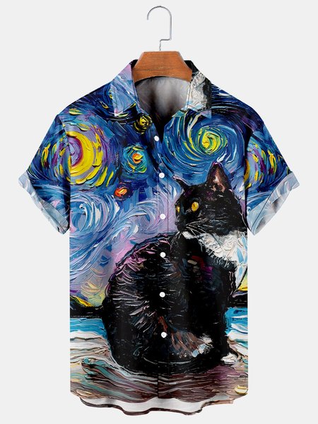 

Mens Van Gogh The Starry Night with Black Cats Lapel Loose Short Sleeve Funky Aloha Shirts, Blue, Shirts ＆ Blouse