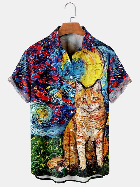 Mens Van Gogh The Starry Night with Cats Lapel Loose Short Sleeve Funky Aloha Shirts, Blue, Men's Floral shirt
Mens Van Gogh The Starry Night with Cats Lapel Loose Short Sleeve Funky Aloha Shirts, Blue, Men's Floral shirt
