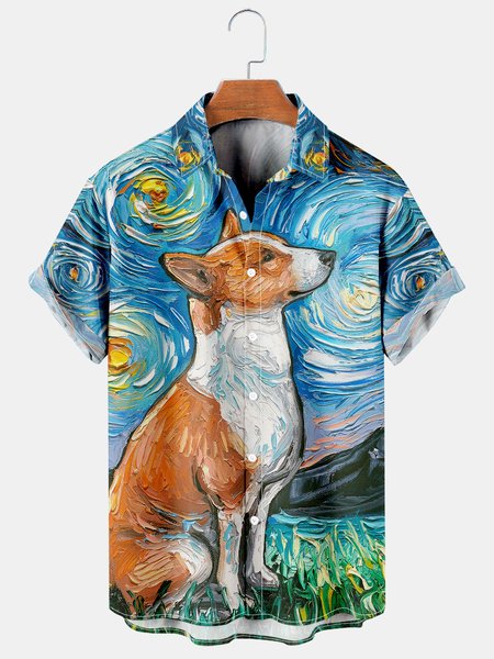

Mens Van Gogh The Starry Night with Dogs Lapel Loose Short Sleeve Funky Aloha Shirts, Blue, Shirts ＆ Blouse